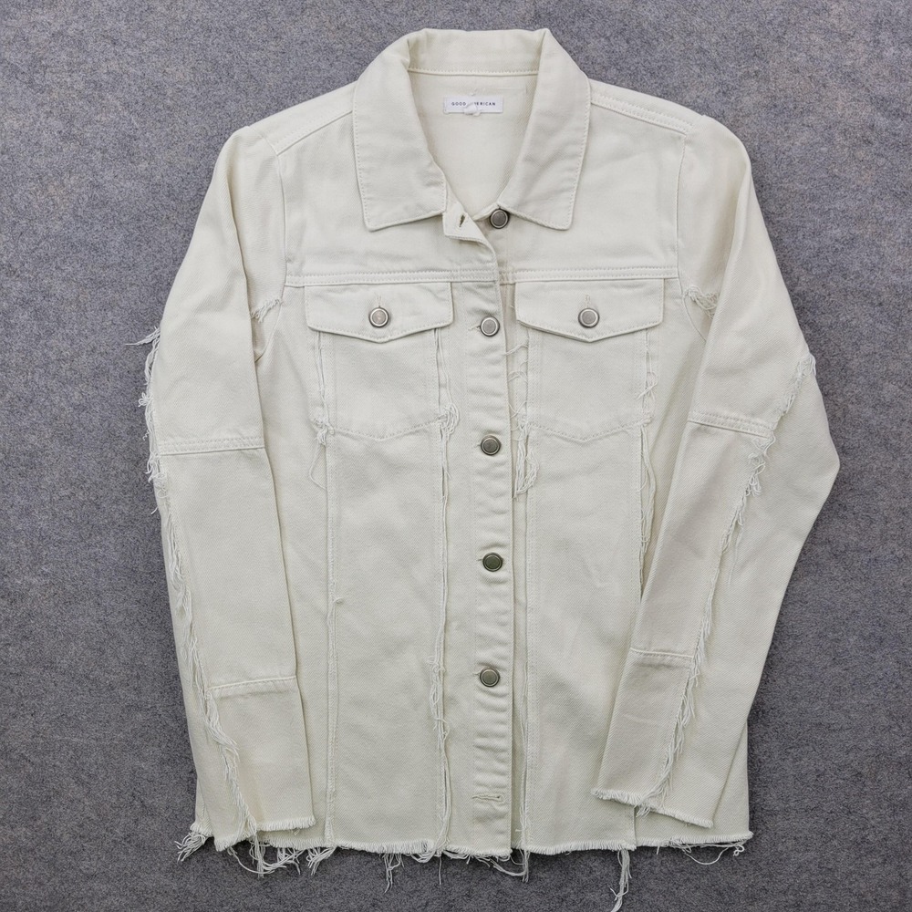 Good American Jacket Womens 2 White Denim Raw‎ Edge Fringe Button Front Relaxed